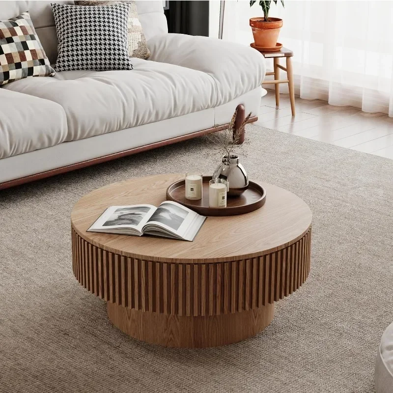 Modern Minimalist Wooden Round Side Coffee Table with Storage, 31.5" Solid Wood Veneered Drum Circle