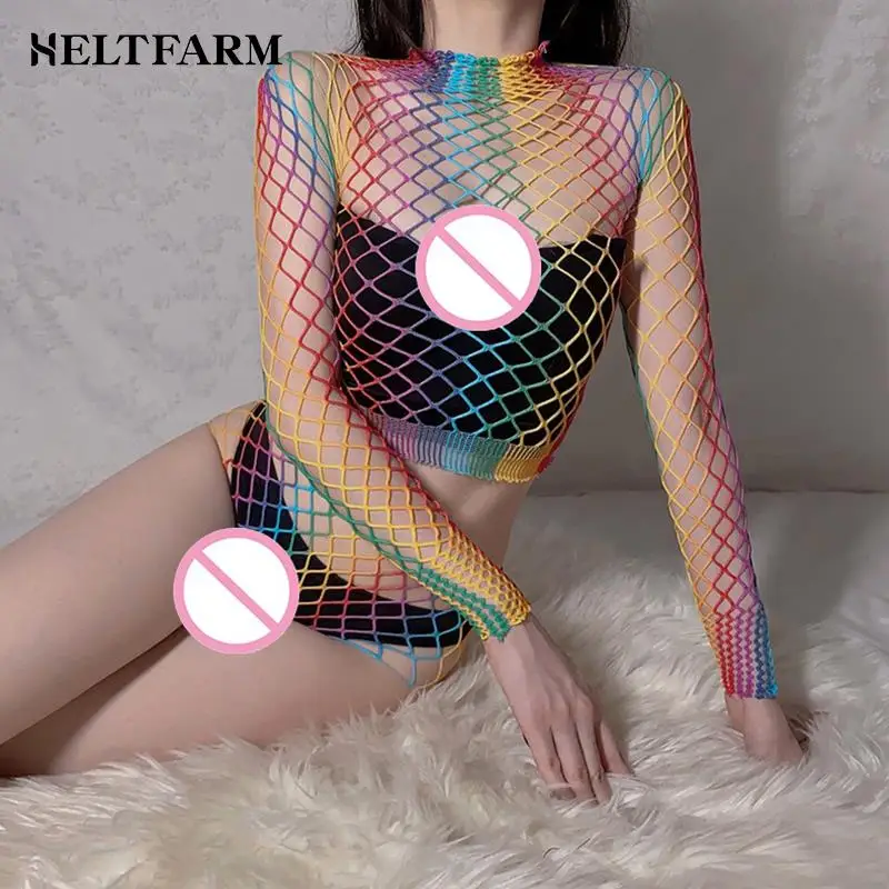 

Women's Lingerie Sets Fishnet Babydoll Crop Top And Panty Set Mesh Shirts Long Sleeve Rainbow One Size Fishnet Underwear