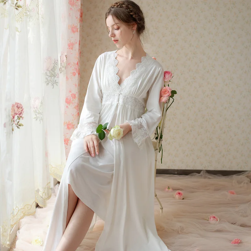 

Женский хлопковый комплект из двух предметов, белая винтажная Ночная рубашка в викторианском стиле, пикантная одежда для сна, весна-осень