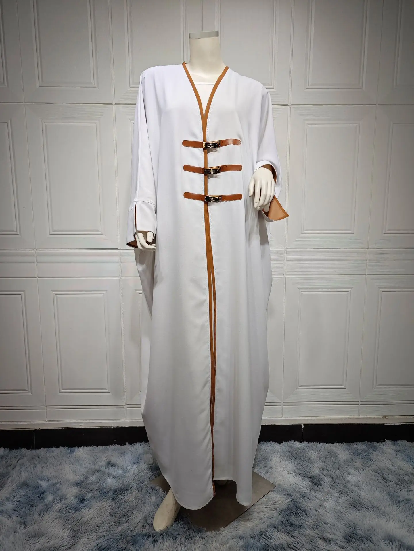 Abaya For Women Ramadan Gurban Women Cardigan Leather Button Abaya Turkey Color Matching Arabic V-neck Caftan Kaftan Clothing