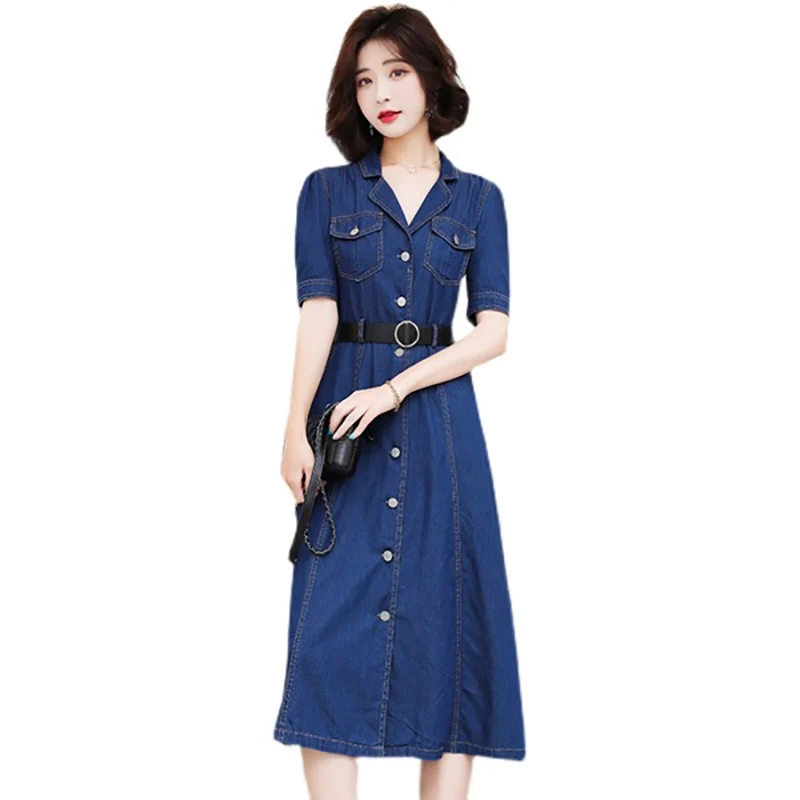 

Summer Latest Trend Short Sleeve Denim Dress High Quality Summer Clothing Women Brand Design Long Style Office Long Style Dress