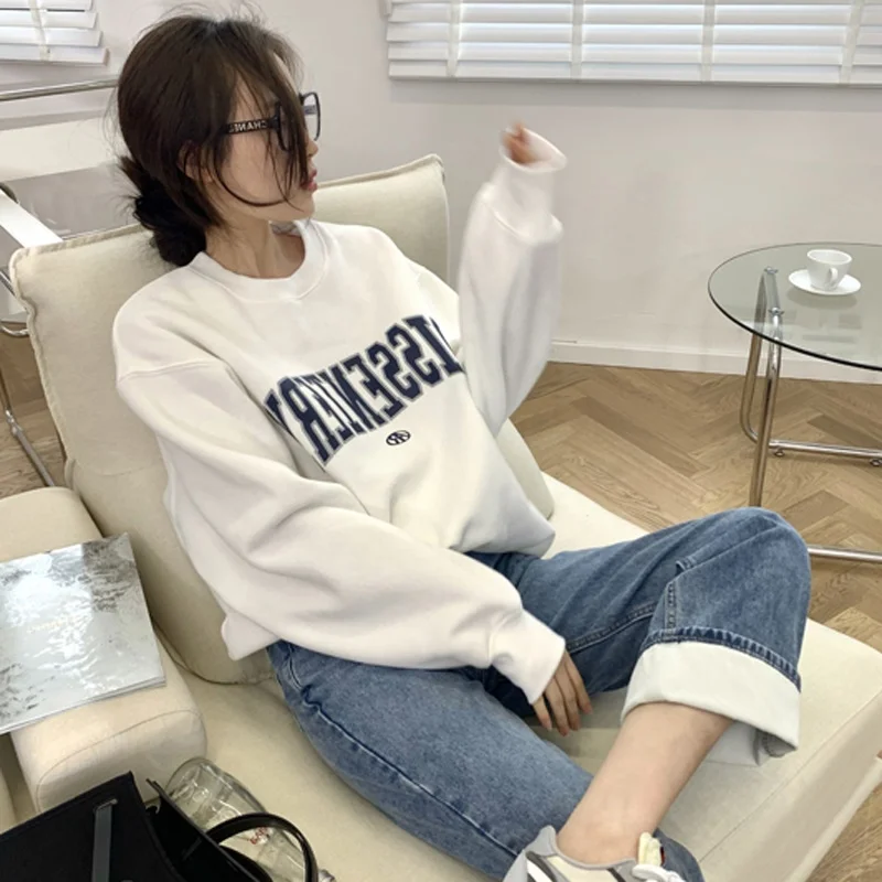 플러스 사이즈 후드티 긴팔 기모 안감 레터 프린트 여성용 봄 가을 레이지 스타일 캐주얼 루즈핏 인스 코튼 폴리에스터 혼방