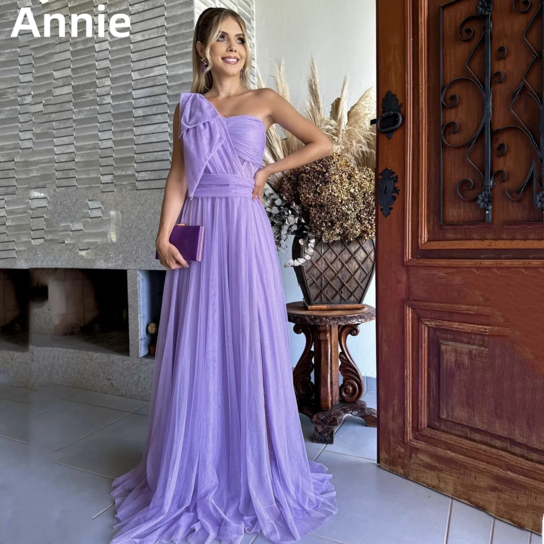

Annie Lavender Purple Prom Dresses Tulle Glitter Shoulder Evening Dress Shiny A-line Side Slit Elegant Lady Simple Party Dresses