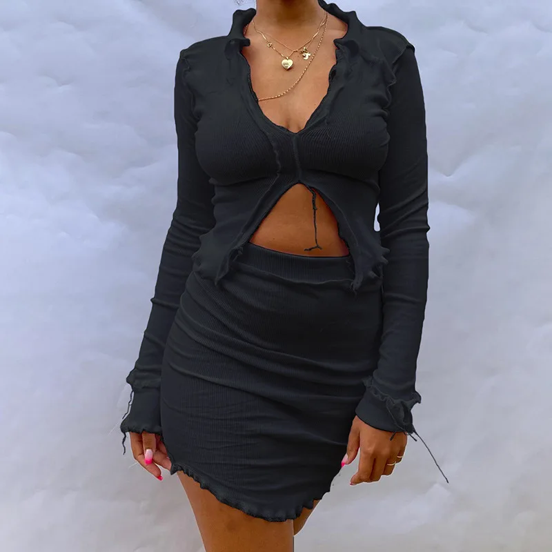 2022 Women's Long-sleeved Sexy Suit High Street Pullover V-Neck Oversize 2 Piece Set Women Outfits Short Mini Women Clothing
