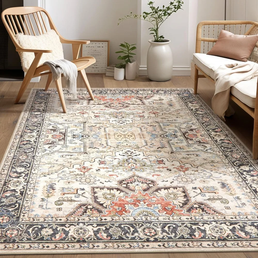Area Rug Living Room Rugs -Soft Machine Washable Oriental Vintage Floral Distressed Rug Large Indoor Floor Carpet