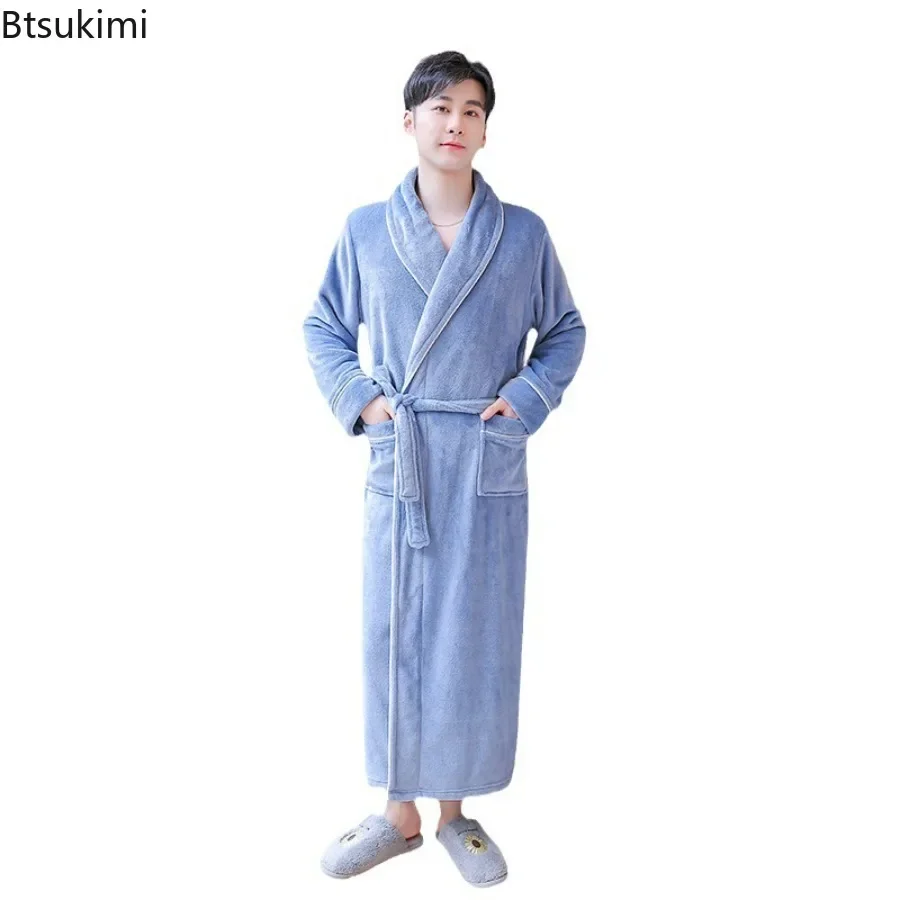 2024 Men's Autumn Winter Thicken Flannel Robes Dress V Neck Warm Bathrobe Men Couple Casual Comfortable Robe Dress for Sleepwear