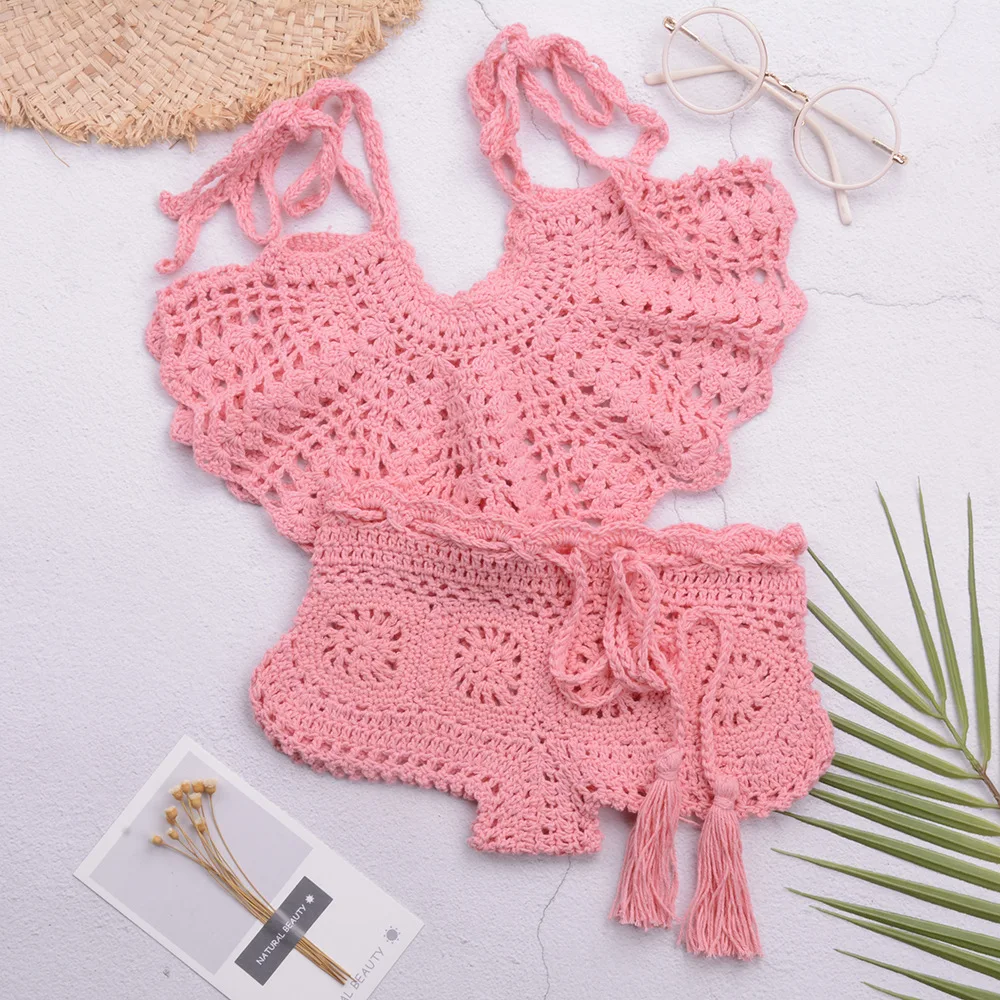수제 크로셰 멜빵 스트랩 조끼, 가슴 포장 수영복, 어린이 비키니 스플릿 세트, 중학생 모델 
