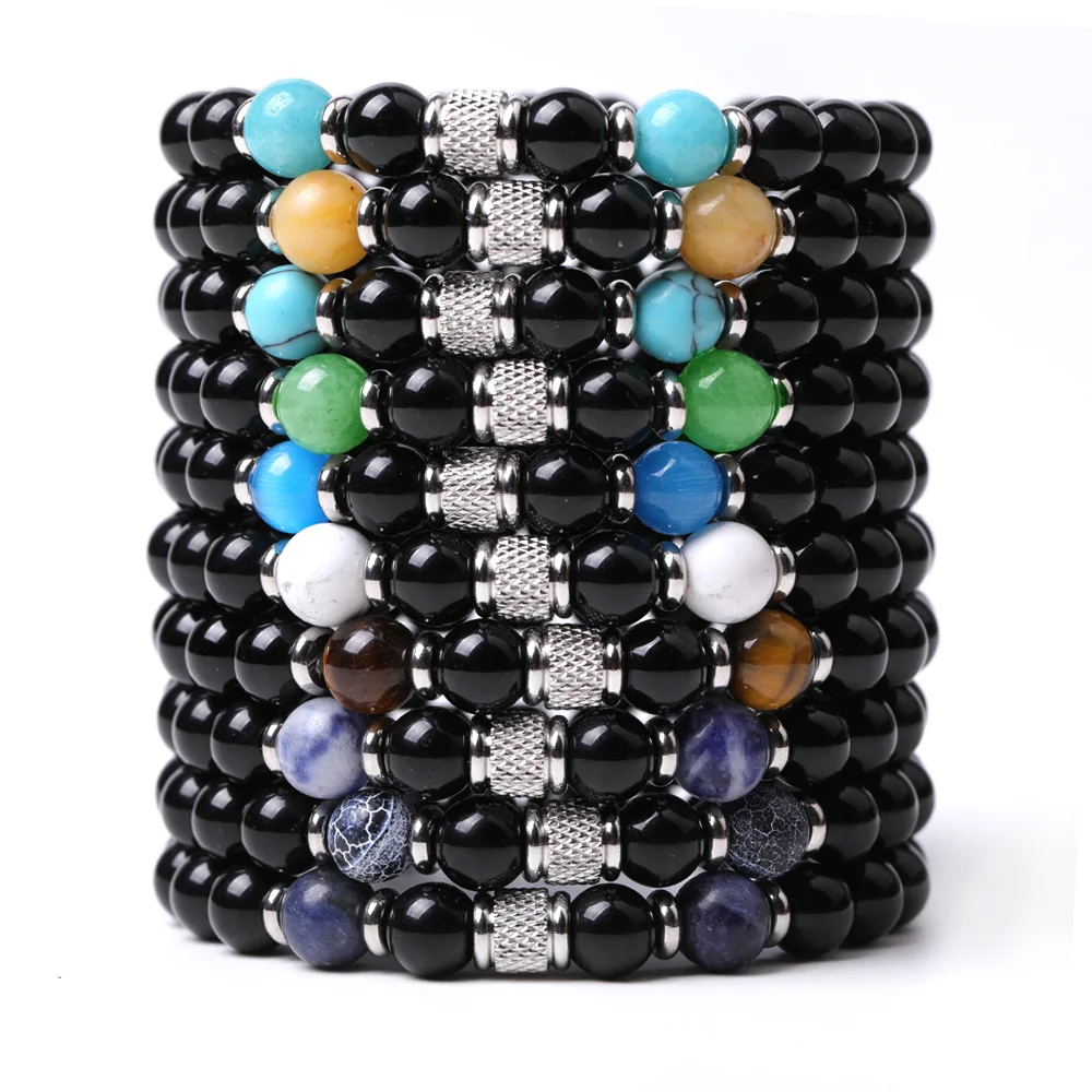 

10pc 8mm Colorful Stone Black Beads Bracelet Stainless Spacer Couple Friendship Jewelry Gifts Elasticity Strand Jewelry