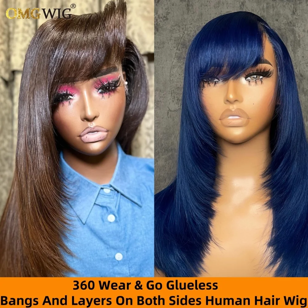 360 Wear & Go Bangs and Layers On Both Sides Human Hair Wig 5x7/4x4 Glueless Straight Wig for Black Women Brazilian Brown Blue
