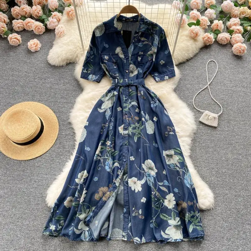 

Floral Print Long Women Denim Dress with Belt Single Breasted Big Swing High Waist Lapel Elegant Female Jean Dresses Office Wear