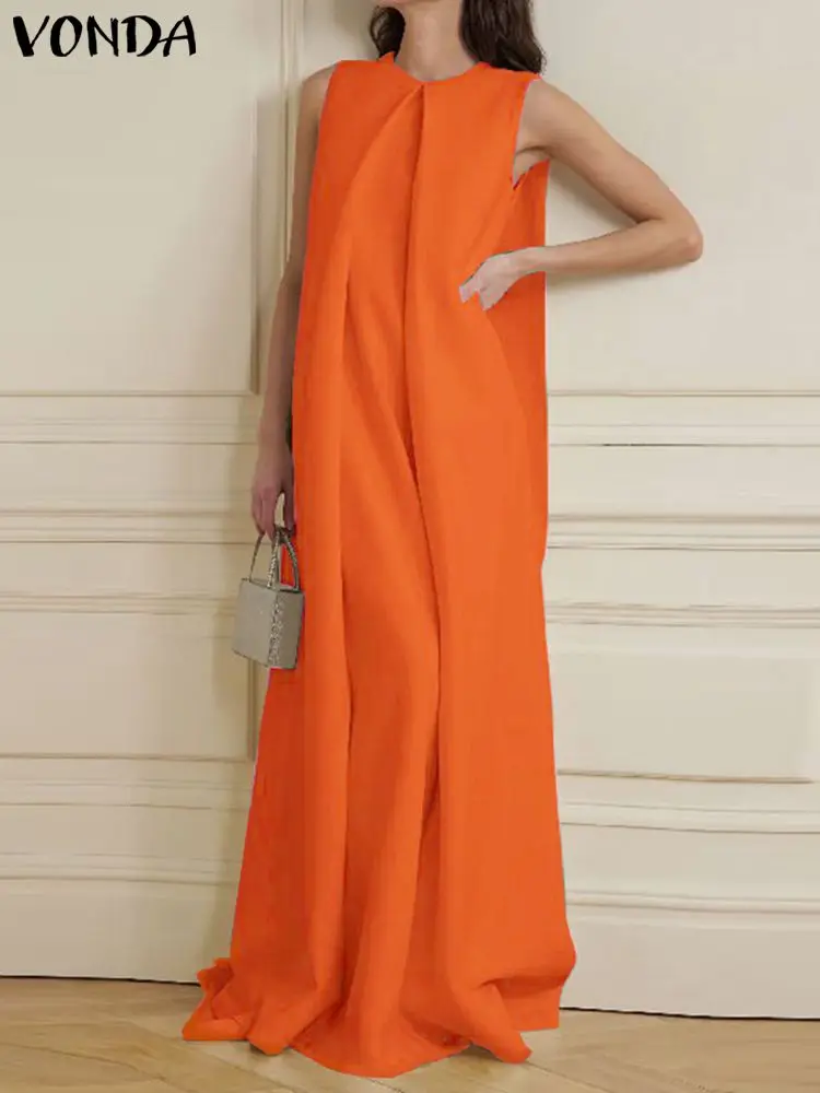 

Elegant Solid Color Sundress VONDA 2023 Casual Long Dress Women Summer Bohemian Loose Sexy Sleeveless Pleated Party Maxi Vestido