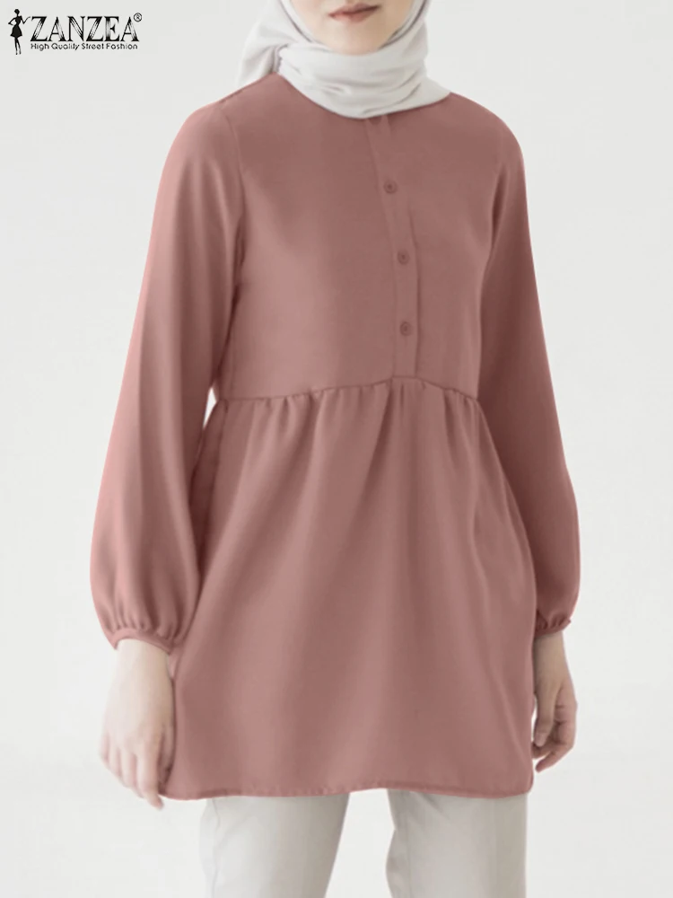 

ZANZEA Fashion Muslim Turkey Tops Femme Ramadan Blouses Spring Puff Sleeve Solid Blouse Elegant Casual Shirt Abayas For Women