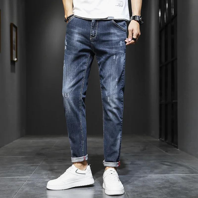 2023 Spring Summer Men's Jeans Korean Fashion Pants Classic Overalls Straight Trousers for Men Large Size Blue Worn Slim Fit