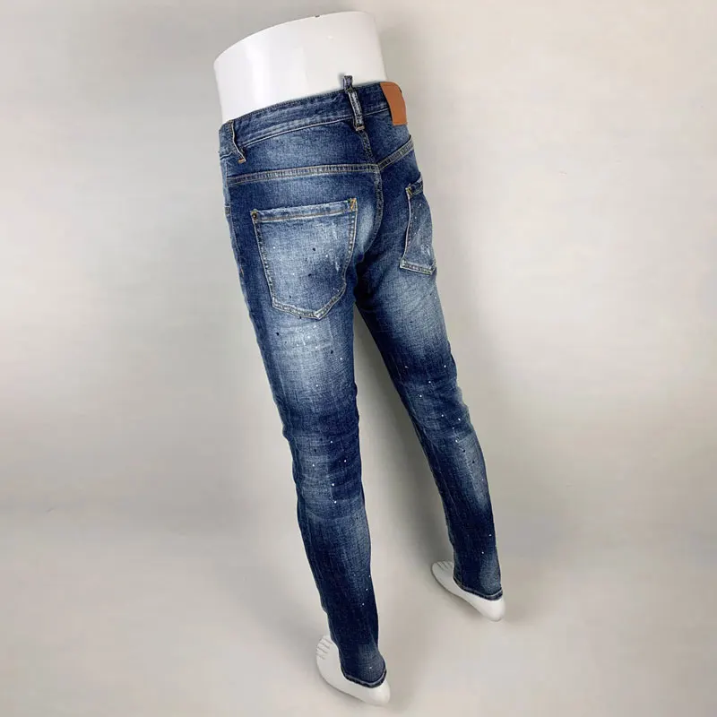 High Street Fashion Men Jeans Retro Blue Stretch Skinny Fit Painted Ripped Jeans Men Patched Designer Hip Hop Brand Pants Hombre