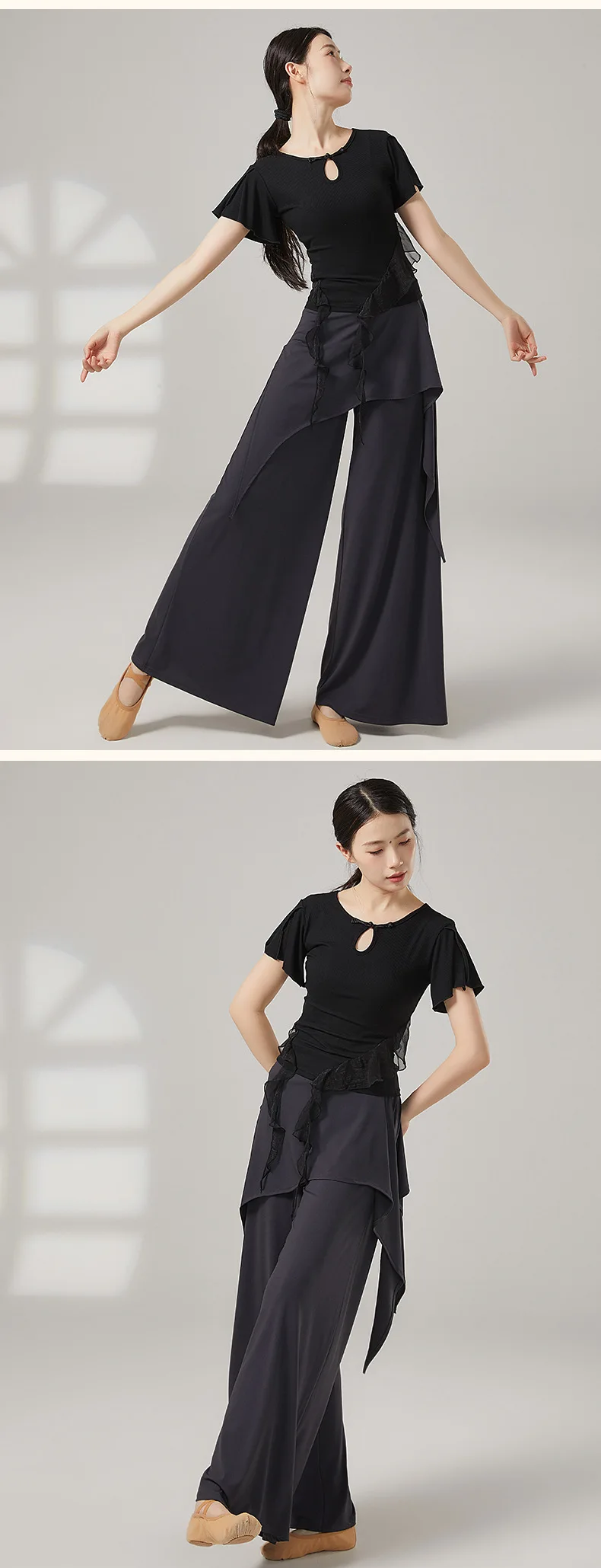 Frauen Breite Bein Lose Tanz Hosen Atmungsaktive Drapierte Chinesischen Volkstanz Klassische Ausbildung Kostüme Hohe Taille Lange Hosen – Detail 4