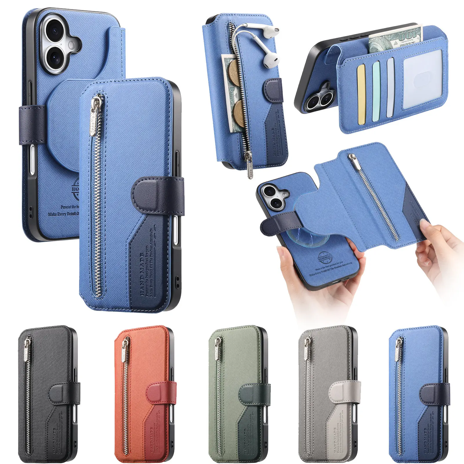 2-in-1 Wireless Charging Zipper Leather Flip Phone Case