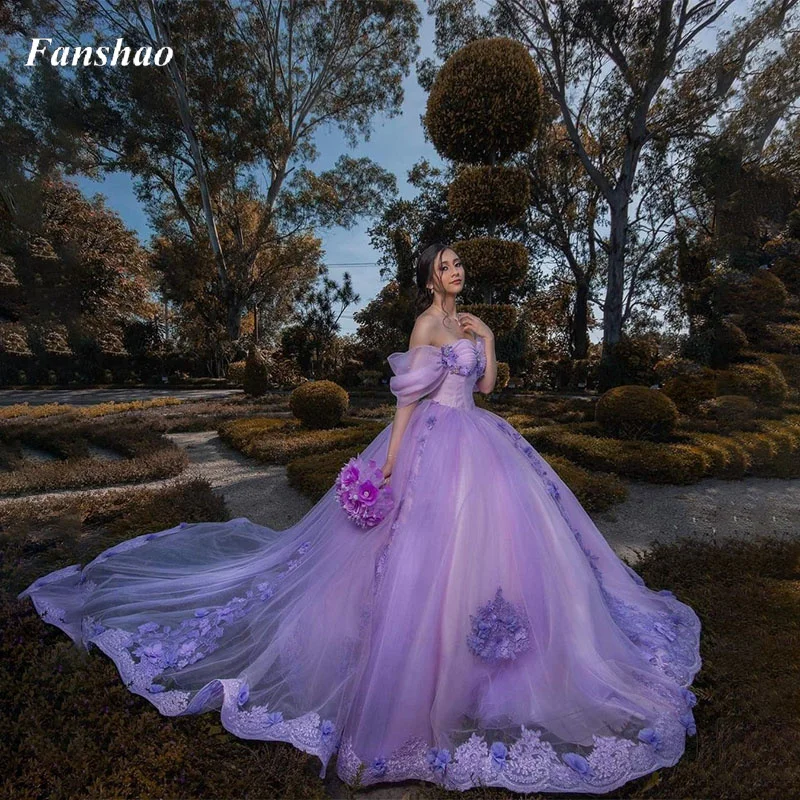 

Женское платье с открытыми плечами Fanshao pd279, бальное платье принцессы с 3D цветочной аппликацией из фатина, 15 лет