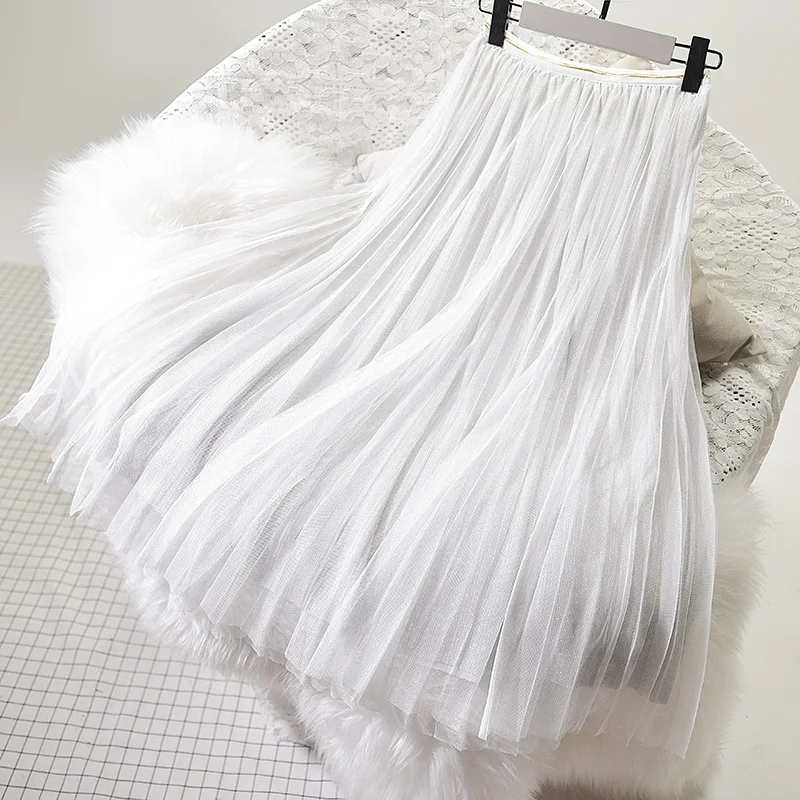 Women Korean Style Sequin Tulle A-line Skirt Vintage Elastic Waist Party Midi Mesh Skirt