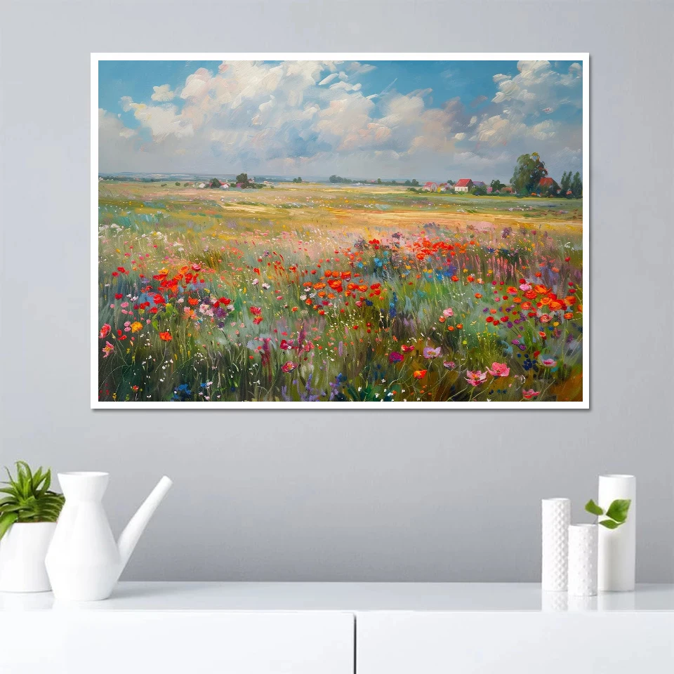 Moody Autumn Wildflower Landscape Canvas Print – Vintage Rustic Country Scenery Wall Art Decor