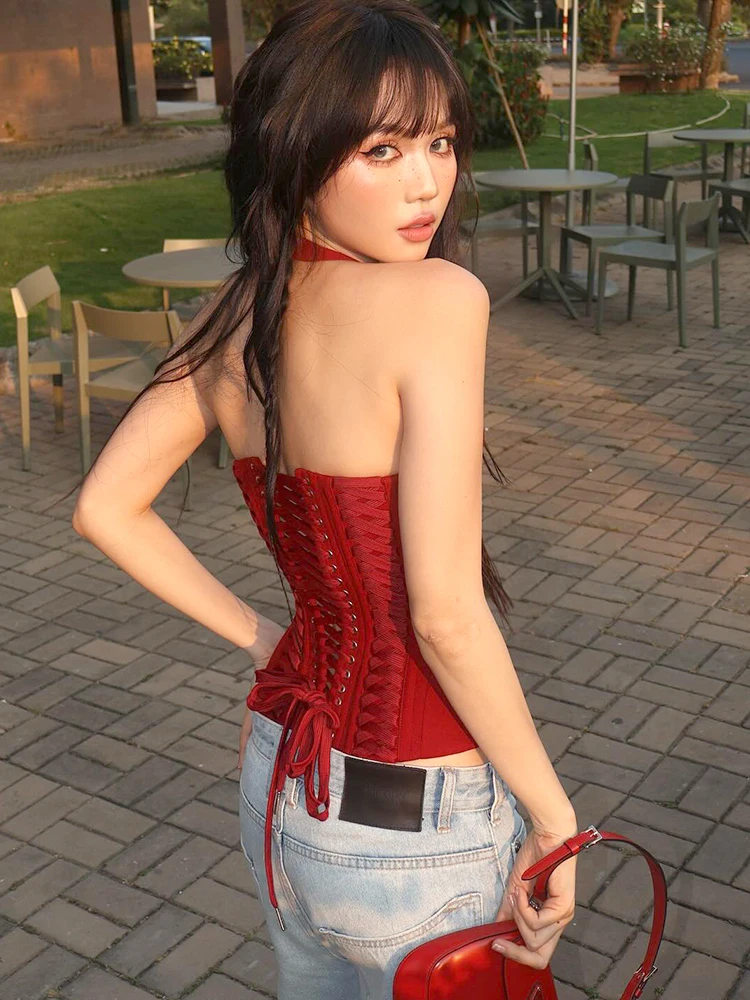 Corset Ropa Aesthetic Top Y2K Aesthetic Summer Stylish Red Halter