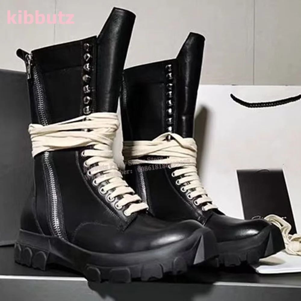 

Wrap Around Tape Mid Calf Boots Genuine Leather Round Toe Height Increasing Side Zipper Solid Black Fashion Novelty Concise Men