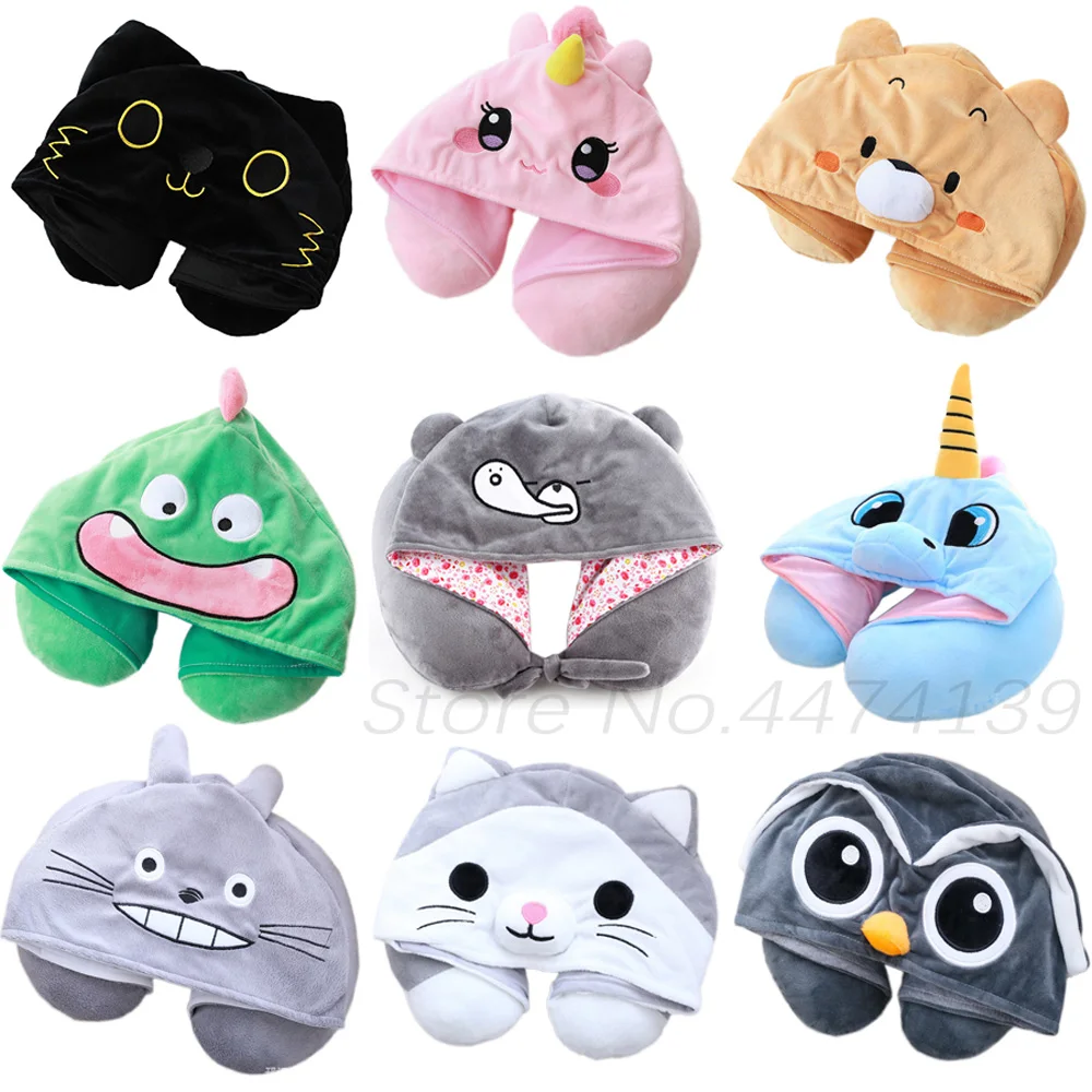 25 Kinds Cartoon U Shape Hoodie Travel Pillow Neck Cushion For Sleep Kawaii Animals Hooded Pillows For Airplane Home Textile