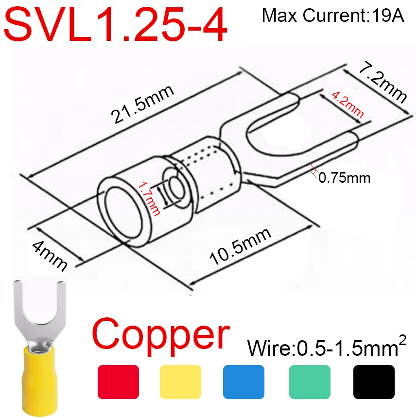 thumbnail image 1 of SV1.25/2/3.5/5.5/8-3/3.7/4/5/6/8 SV1.25/2/5 Cable de alambre Furcate de horquilla de cobre conector eléctrico Terminal de engarzado aislado de pala, 1 of 5