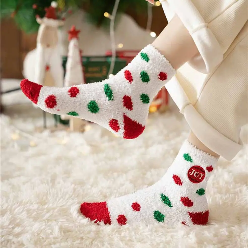 Cartoon Floor Sleep Socks Snowman Winter Red Green Elk Coral Velvet Socks Middle Tube Socks Women Hosiery Christmas Socks
