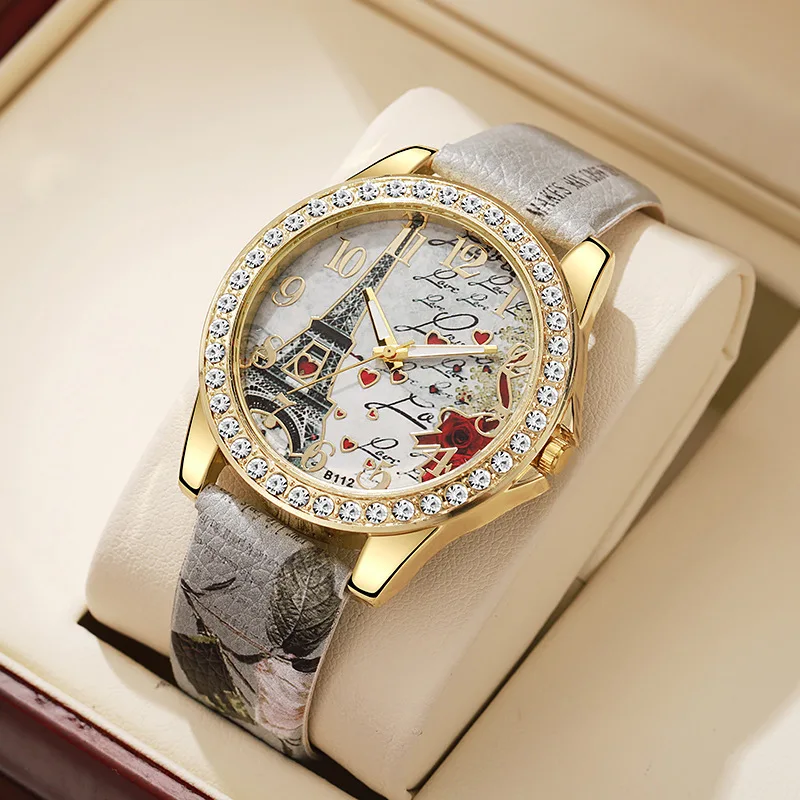 Belt printed women's watch Paris Tower digital diamond quartz watch