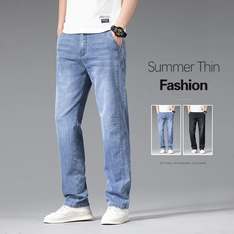

2023 Summer Men's Jeans Fashion Thin Straight Loose Casual Trousers Elastic Waist Fashion Denim Pants Brand Clothes Blue Black