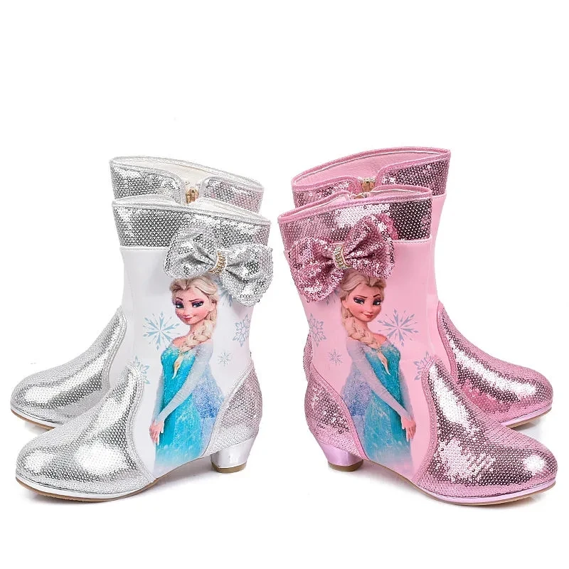 

Disney Children's Cartoon Frozen Princess Elsa Crystal Sequin High Heel Boots Fashion Boots Party Show Fashion Boots