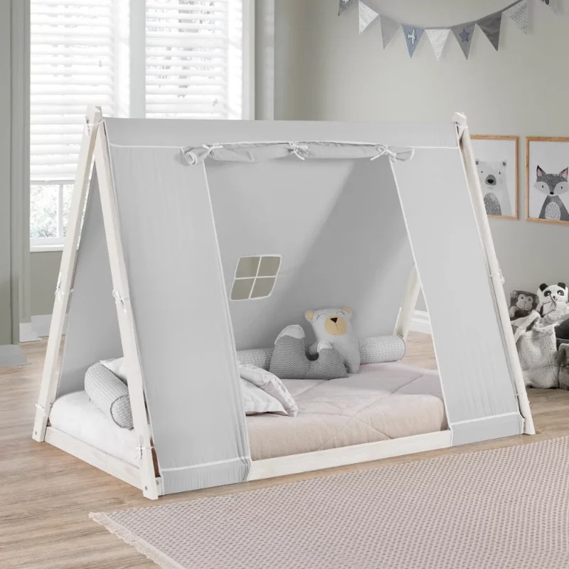 

P'kolino Tent Floor Bed - Twin, FSC Certified Wood, Washable Tent, White/Grey toddler bed children's bed kids bed furniture