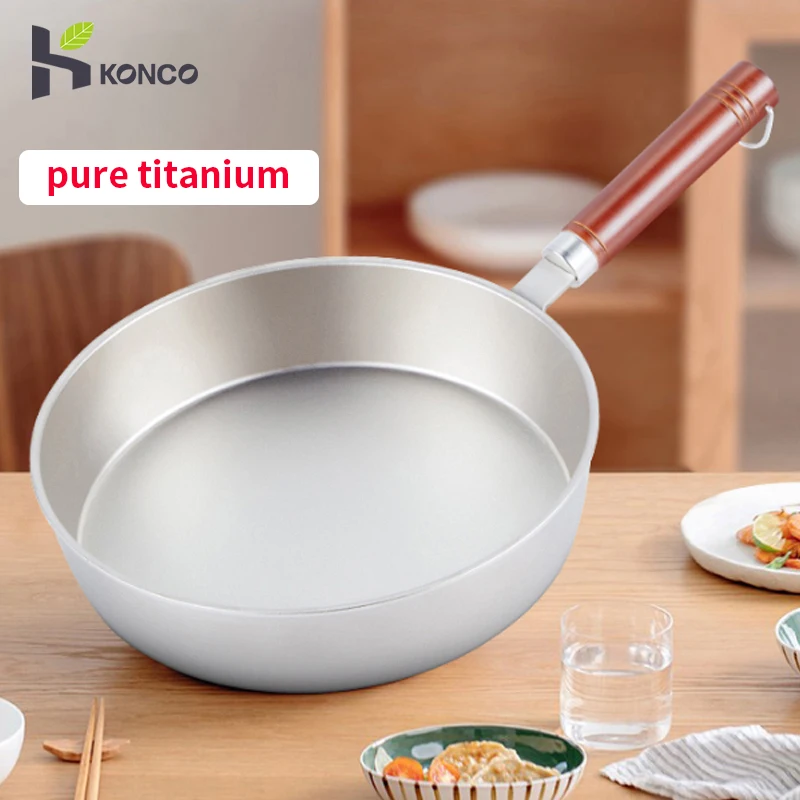 28cm Titanium Frying Pan Home Non stick Pan Wooden Handle Wok Cooking