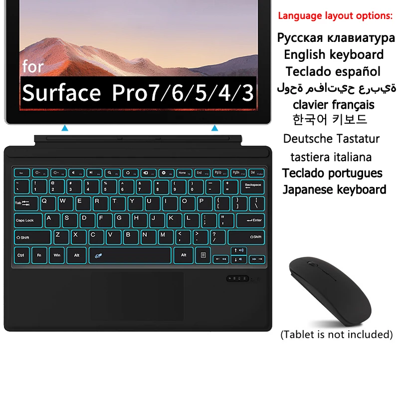 Funda Per Microsoft Surface Pro 7 6 5 4 3 Russo Spagnolo Portoghese Tedesco Italiano Coreano Tastiera Touchpad Retroilluminato Teclado