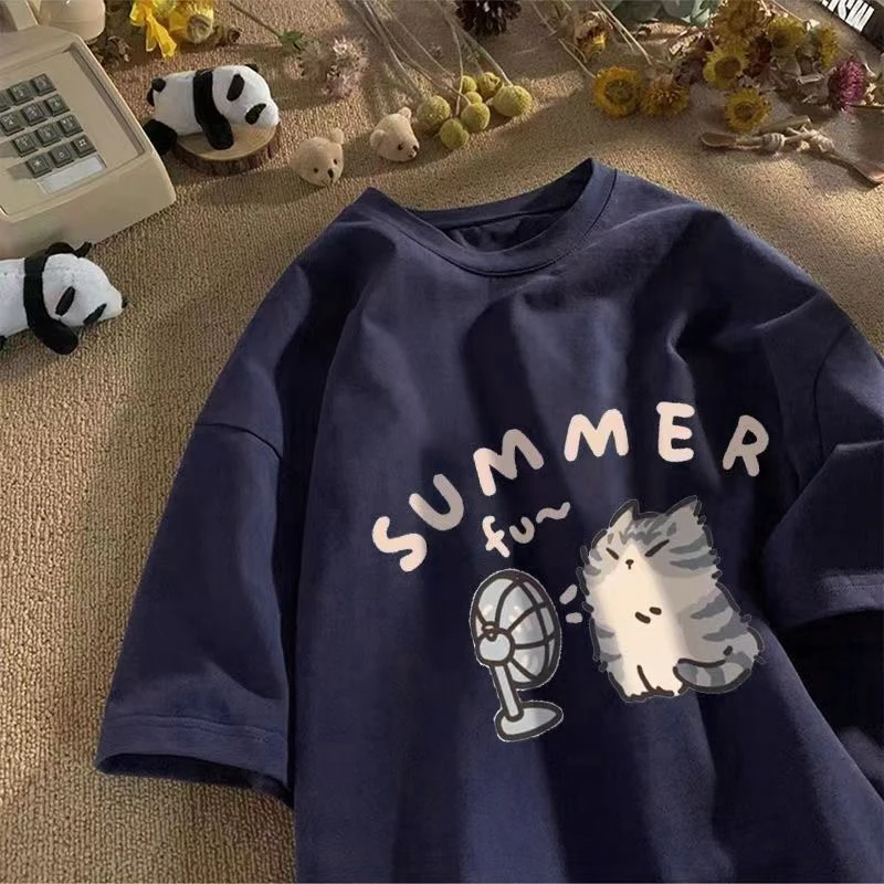 Korean Street Style Cat Print Cotton T-Shirt – Unisex Summer Comfort