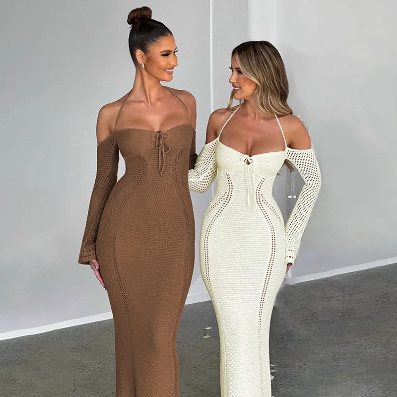 

Vintage Off Shoulder Halter Knit Dress Outfits for Women Long Sleeve Elegant Sexy Backless Tie Front Maxi Dresses Vestido Y2K
