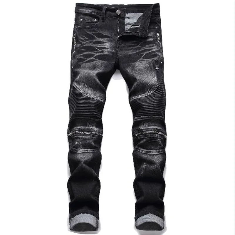 2022 New Mens Biker Jeans Slim Straight Zipper Autunno Uomo Designer Pantaloni In Denim Lavato Pantaloni Jeans Moto Pieghettati
