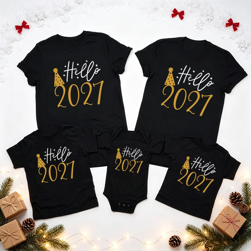Hallo 2027 Familien-Matching-T-Shirts Frohes Neues Jahr Party-Outfit Papa Mama Kinder Baby Strampler Kurzarm Baumwolle Familien-Look T-Shirts