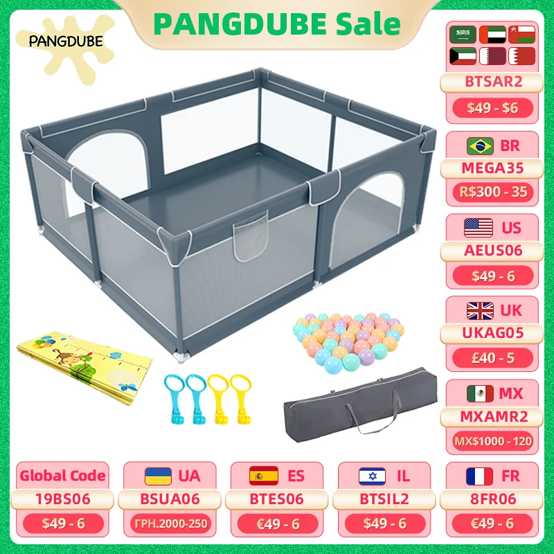 1.5*1.8m Baby Playpen with Foldable Mat,50pcs balls,4pcs hand rings, Storage bag Baby Fence Playpen for Children Playground