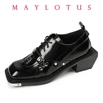 Women Shoes Spring Autumn New Metal Head Decorate Leather Loafers Women Bite Thick-soled Non-slip Square Head Wedge Men Shoes