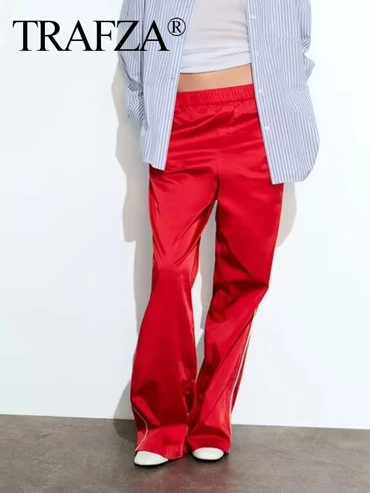 TRAFZA Women Fashion Trousers Hem Side Zipper Straight Pant Drawstring Elastic Waist Loose Wide Leg Pants Fashion Streetwear