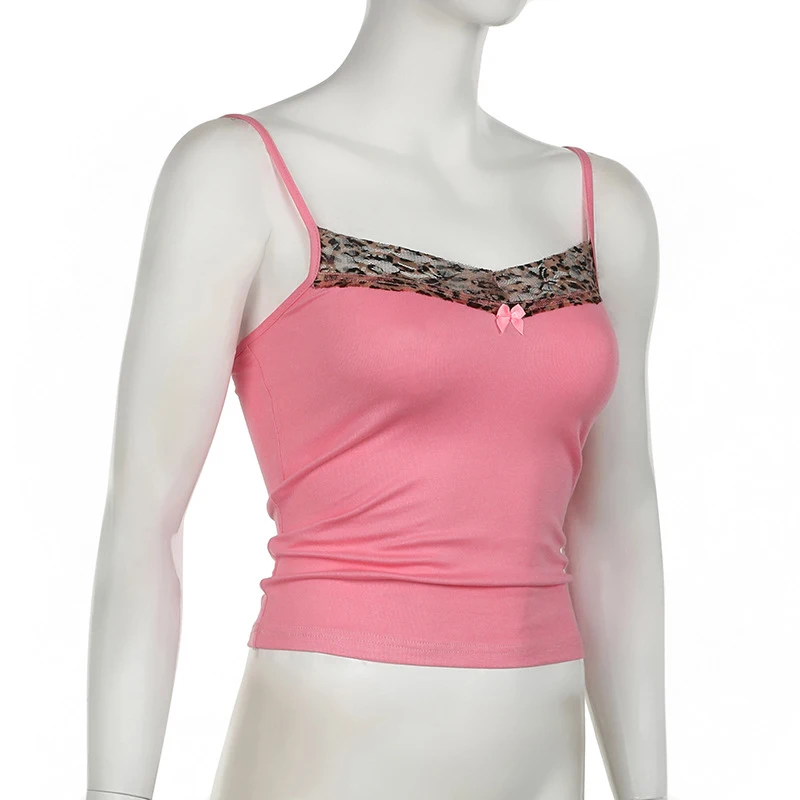 Vintage Leoparden muster genäht Crop Top Frauen lässig ärmellose süße Schleife Patchwork Strap T-Shirts y2k Sommer Crop Tops Damen – Detail 10