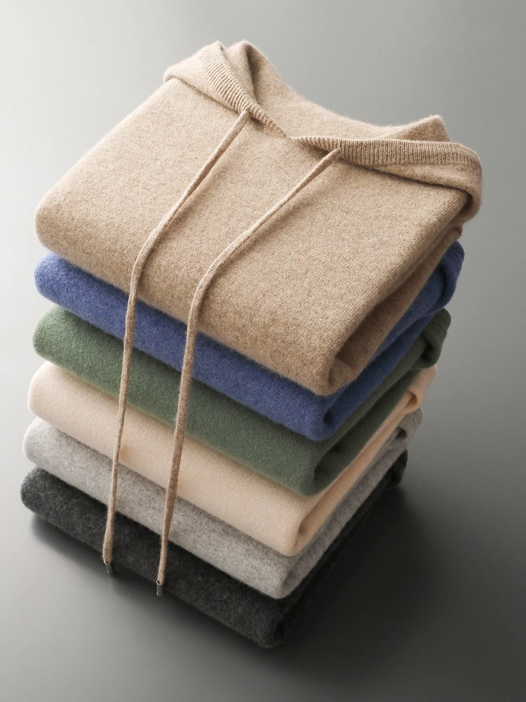 New Autumn Winter Men's Cashmere Hoodie Sweater 100% Merino Wool Hooded Pullover Large Size Knitwear Quality Soft Casual Jumpers 5