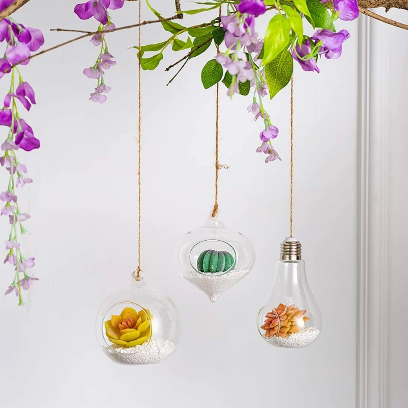 Light Bulb Shaped Outdoor Glass Hanging Planters Plant Pots for Succulent Tillandsia Holder Gift for Home Durable 3