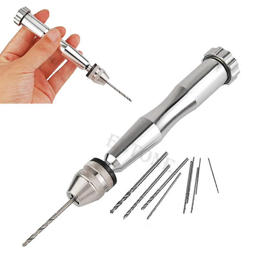 

Mini Micro Aluminum Hand Drill Drilling With Keyless Chuck +10 Twist Drills Bits-Y103