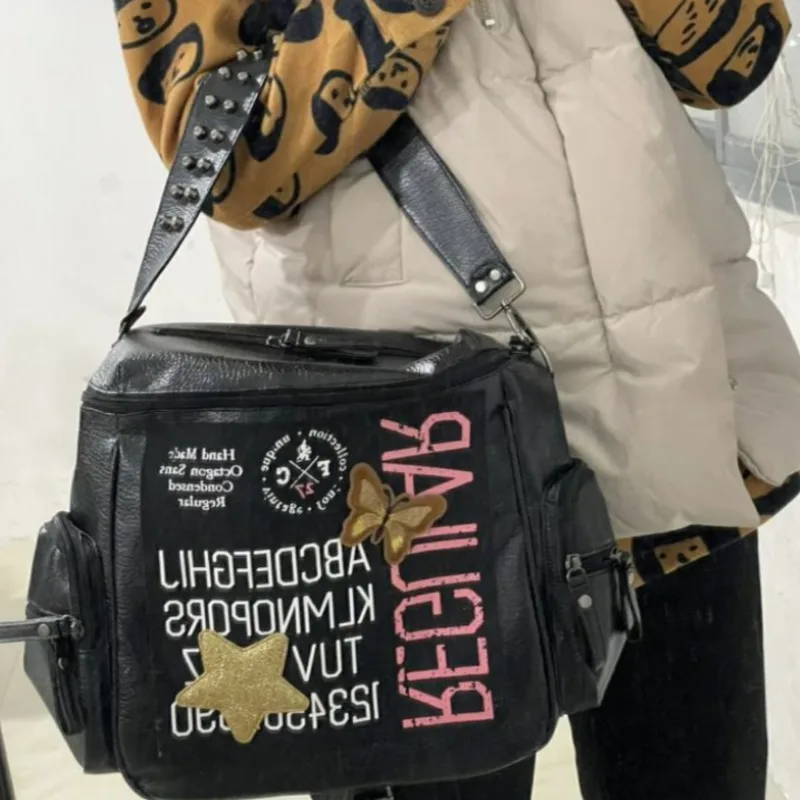

Y2k Rivet Letter Backpack With Dark Print Crossbody Bag Retro America Campus Student Zipper Large Capacity Shoulder Bag Backpack