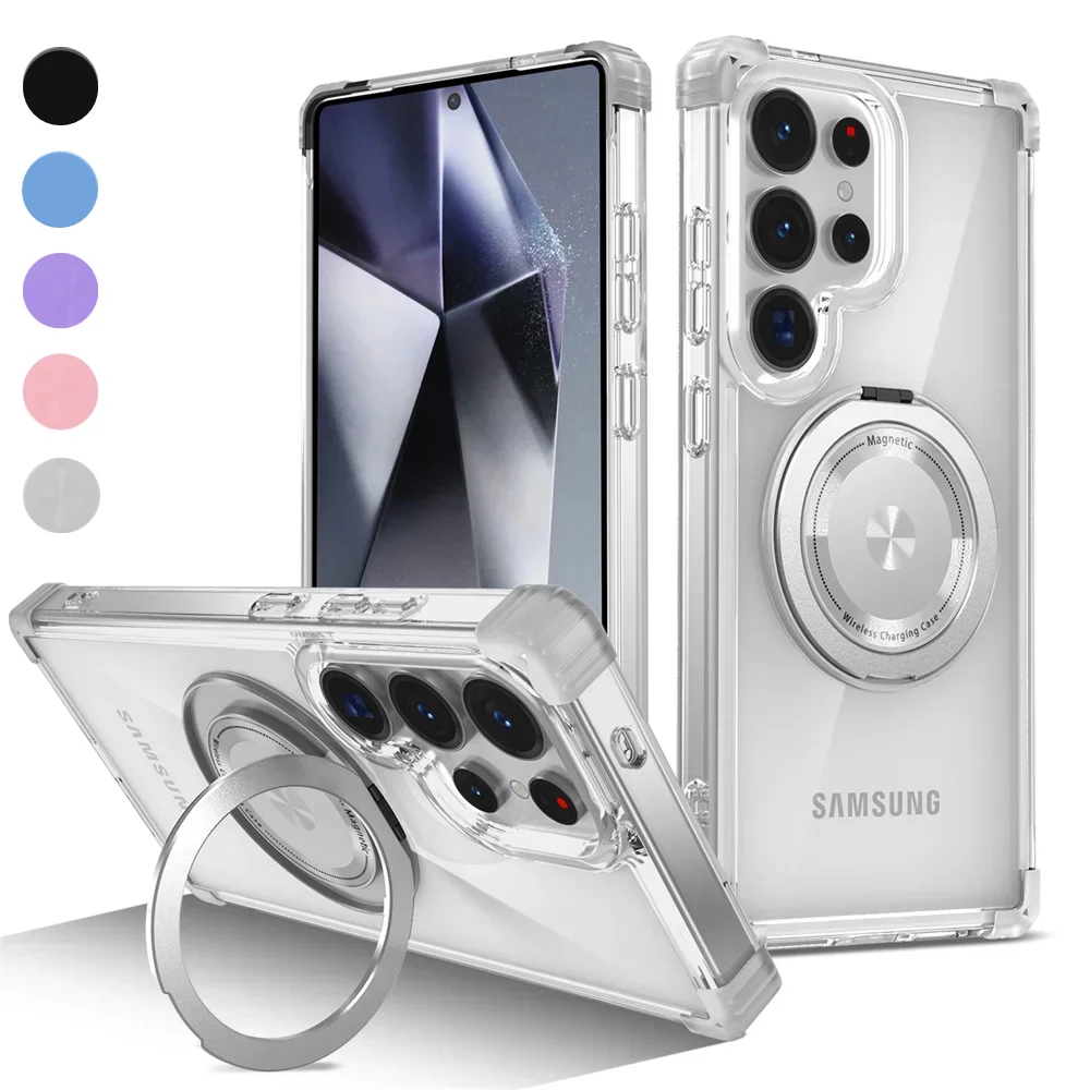 Rotating Magnetic Folding Stand Transparent Phone Case - Armor Shockproof Cover