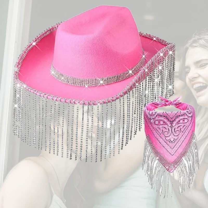Womens Fringed Bandana Cowgirl Rhinestones Tassels Bandana & Weatern Cowboy Hat for Disco Party Music Festival