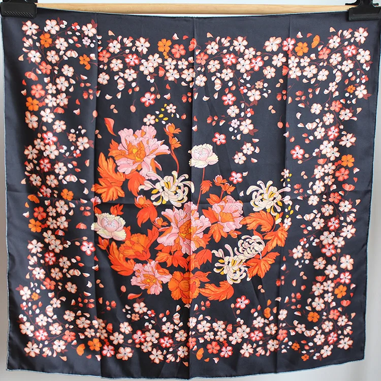 

100% Pure Silk Scarf Women Flowers Print Square Scarves Wraps Headkerchief Wholesale Hijabs Silk Foulards Bandana 90CM