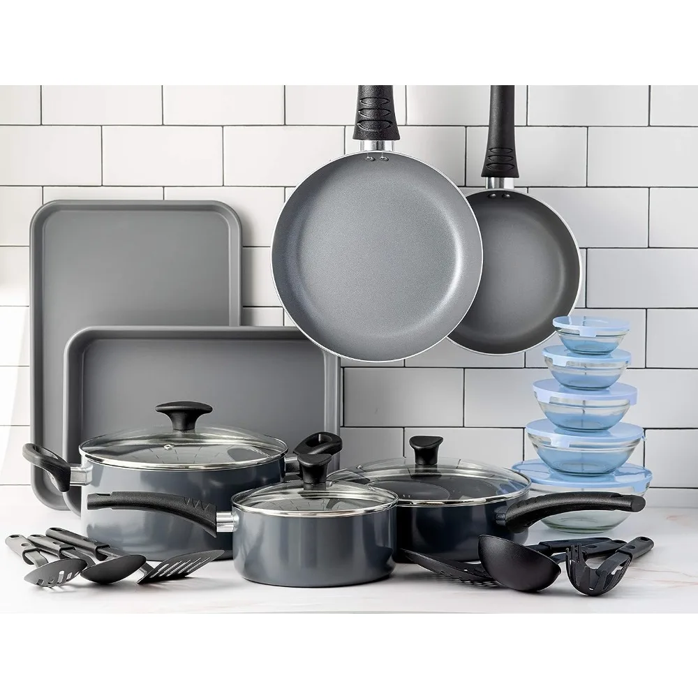 

Nonstick Cookware Set with Glass Lids - Aluminum Bakeware,Pots and Pans, Storage Bowls & Utensils, Compatible with All Stovetops